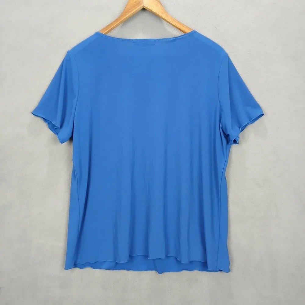 Suzie in the City T Shirt Womens 1X Blue Short Sleeve Ruched Front Casual V Neck
